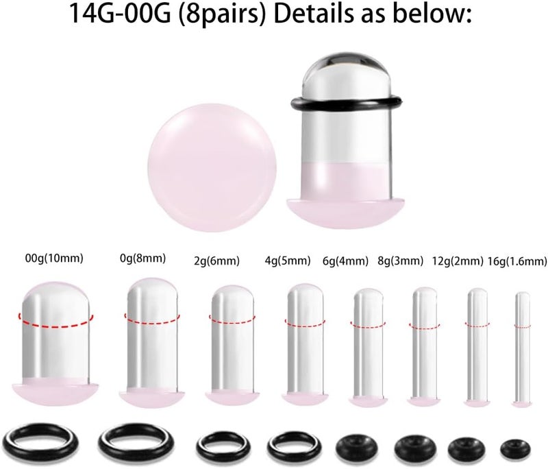 Atomhole Store 8 Pairs/16Pcs 14G-00G Glass Ear Gauges Stretching Kit Short Taper Expander Plugs Solid Tunnels Body Piercing Jewelry Set - Image 2
